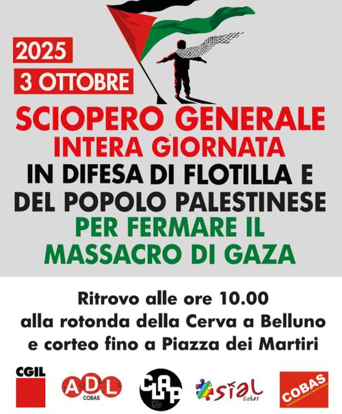Sciopero generale per la Palestina: BLOCCHIAMO TUTTO venerdì 3, rotonda del Ponte degli Alpini, Belluno dalle 10