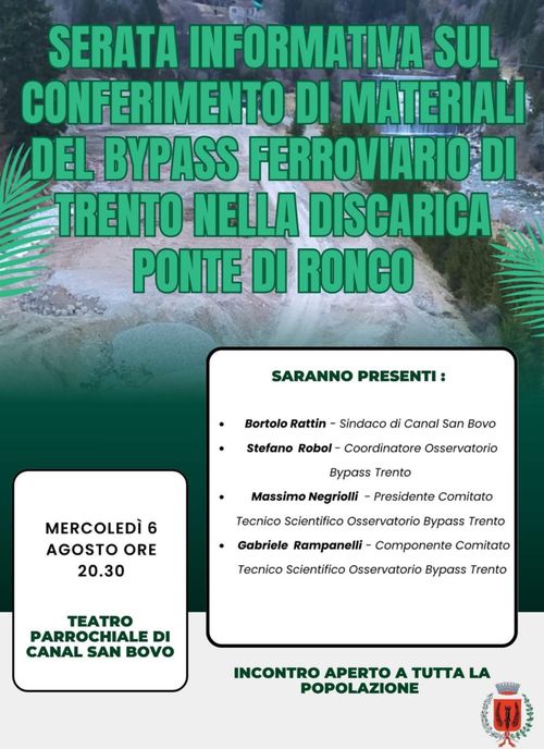 Serata informativa sul conferimento di materiali del bypass ferroviario di Trento nella discarica di Ponte di Ronco