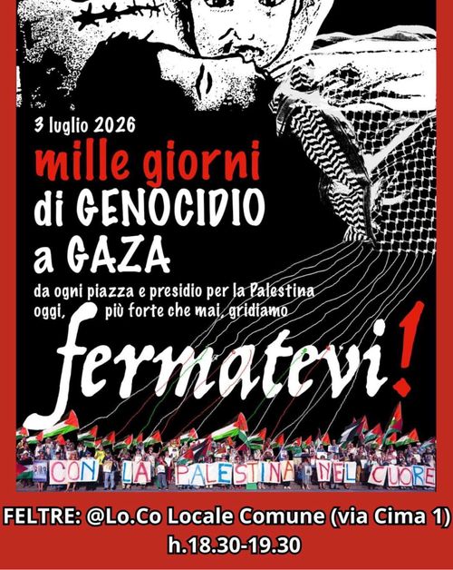 3 LUGLIO 2026: 1000GIORNI DI GENOCIDIO A GAZA